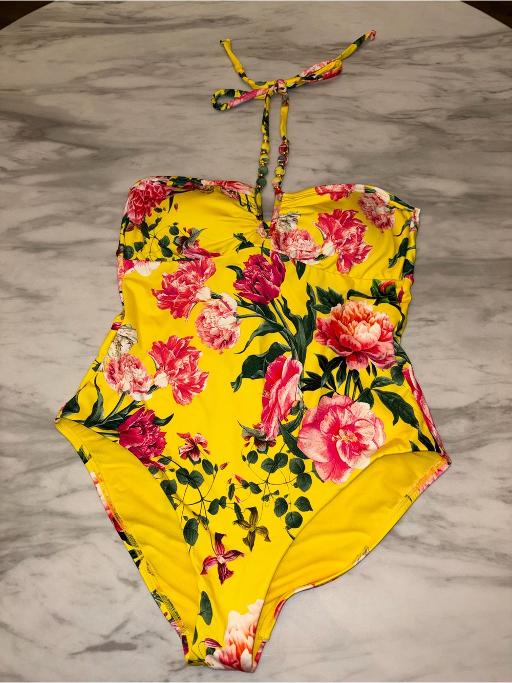 NWT Floral One Piece Swimsuit Halter Neck Beaded Keyhole Yellow Pink Rose